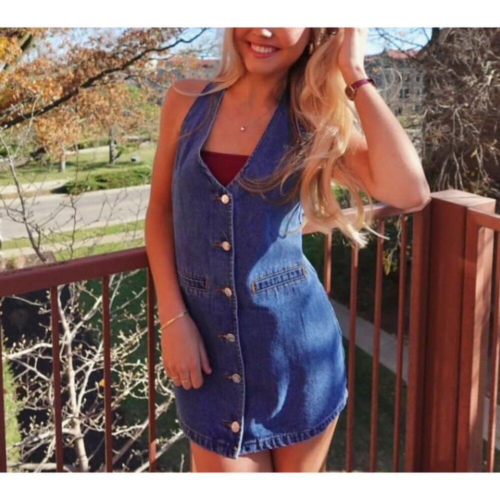 Women's Denim Dress Summer Halter Mini Dress Backless V-Neck Casual - Picture 6 of 6